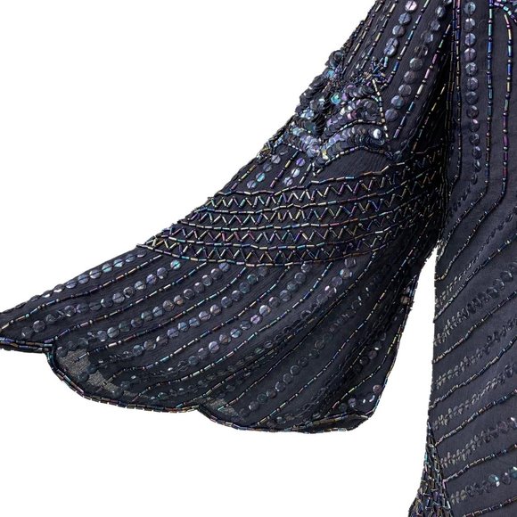 70s Vintage Le Mieux Black 100% Silk Art Deco Beaded Sequined Bat Motif Blouse - Picture 4 of 9